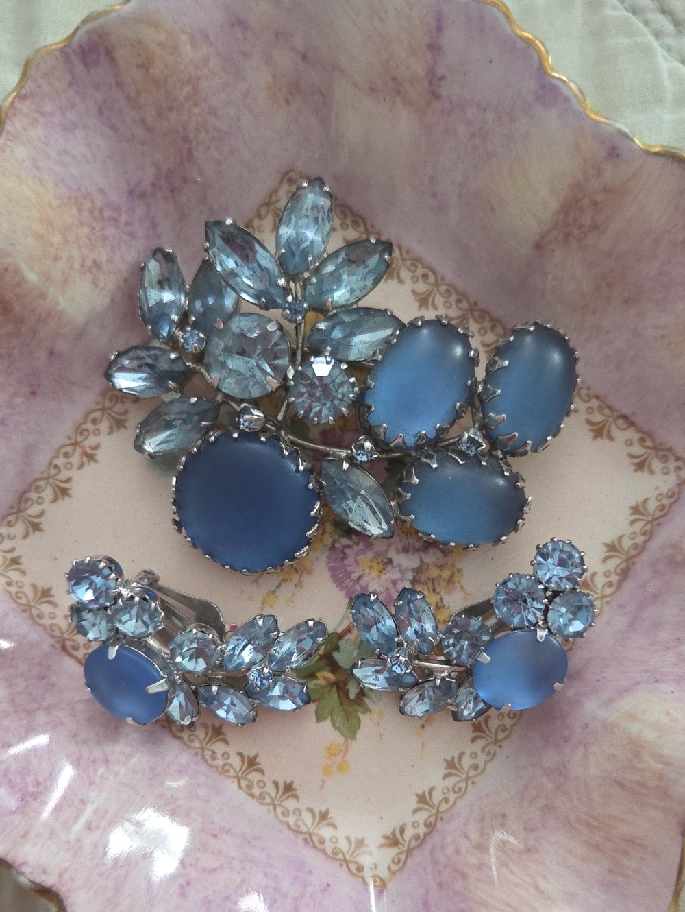 Continental Signed Satin Blue Glass Floral Brooch and Earring Set